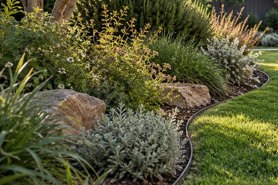 A planted garden bed with shrubs, grasses and rocks beside a lawn edge.
