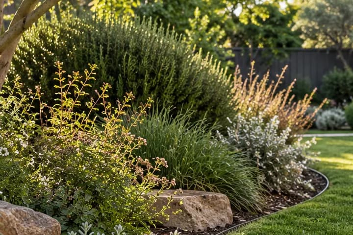 Rounded shrubs and layered planting in front of a dark timber fence.