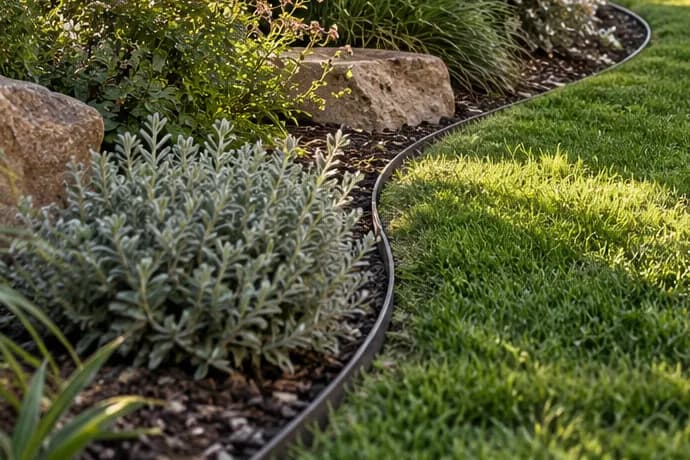 A mulched garden bed with silver-leaved plants beside a curved lawn edge.